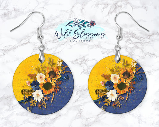 Navy And Yellow Sunflower Floral Round Drop Earrings