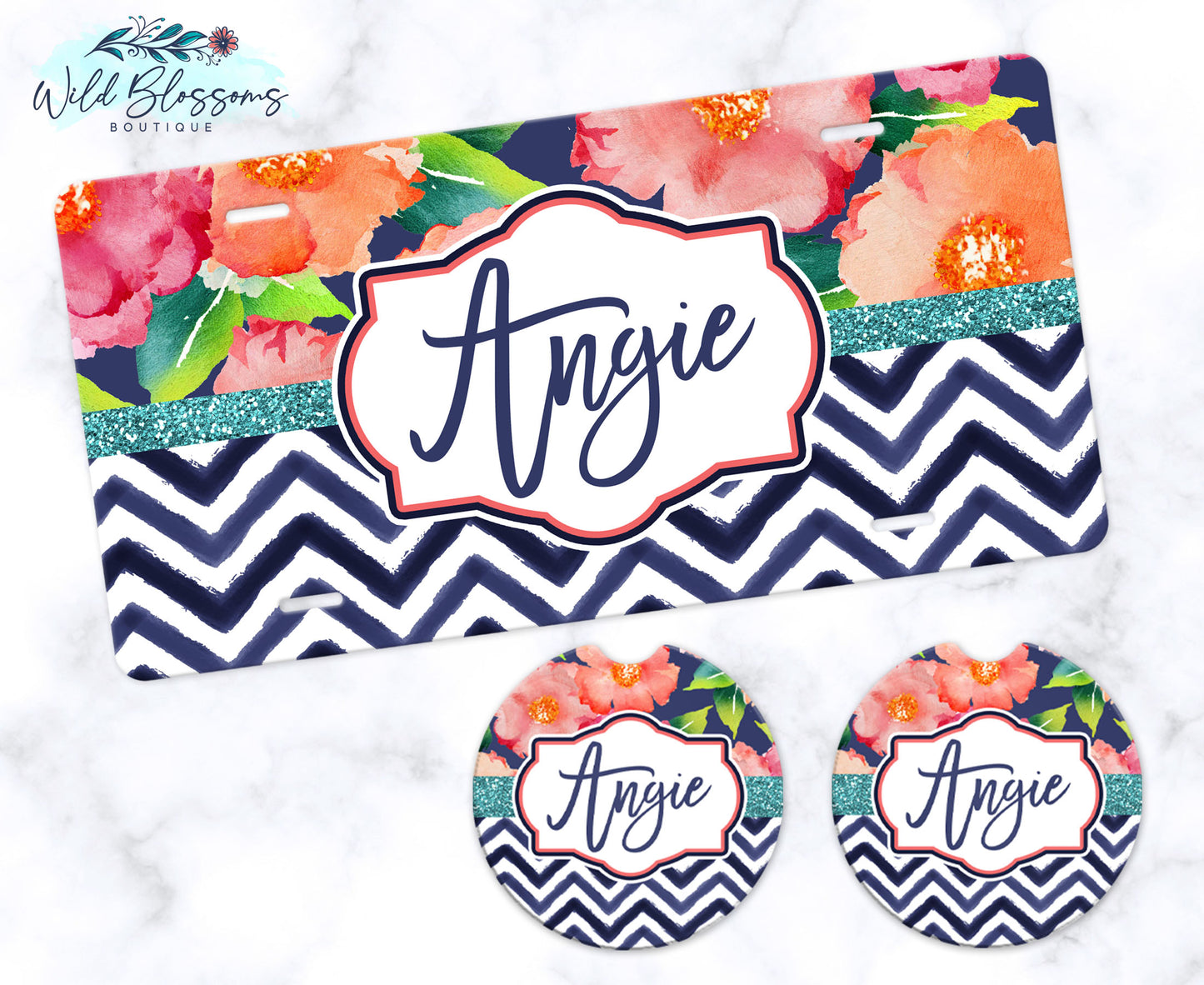 Navy Floral License Plate
