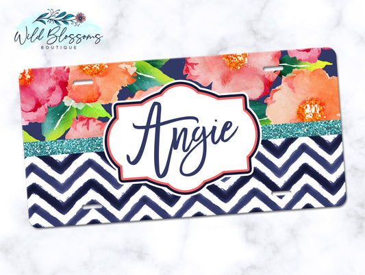 Navy Floral License Plate