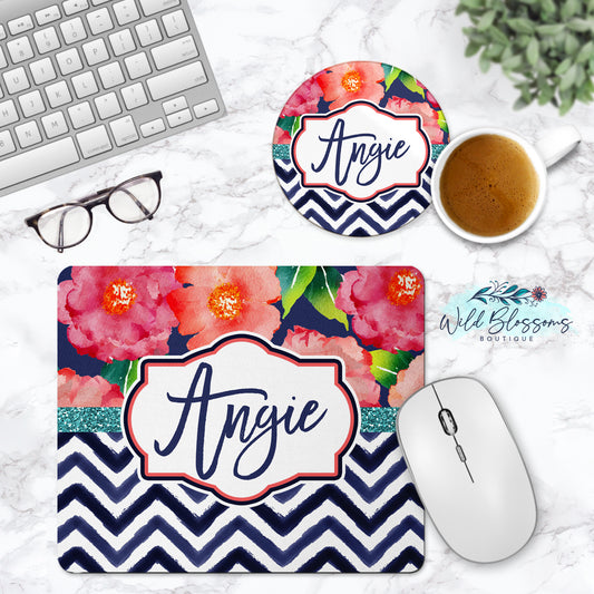 Navy Floral Personalized Mouse Pad And Coaster Desk Set