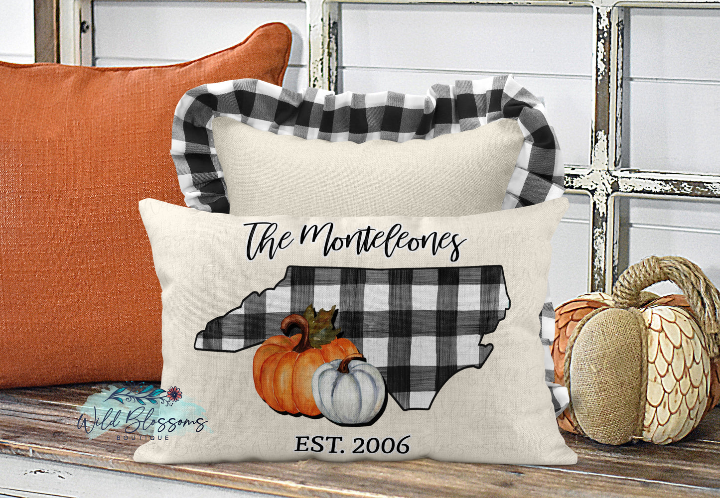 Buffalo Plaid And Pumpkin North Carolina Personalized Lumbar Pillow