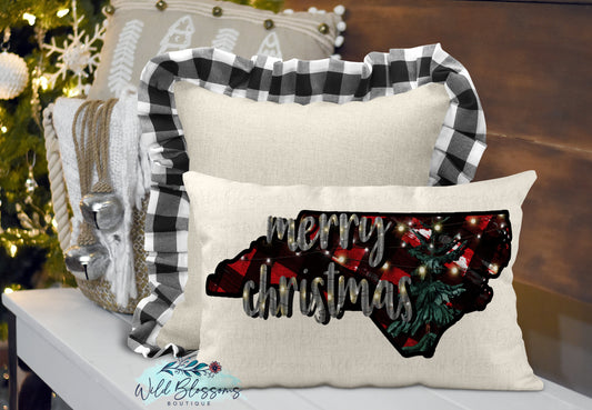 North Carolina Buffalo Plaid Merry Christmas Lumbar Pillow