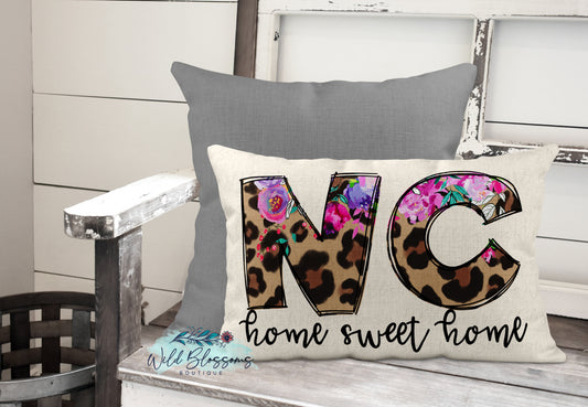 North Carolina Floral Leopard Print Home Sweet Home Lumbar Pillow