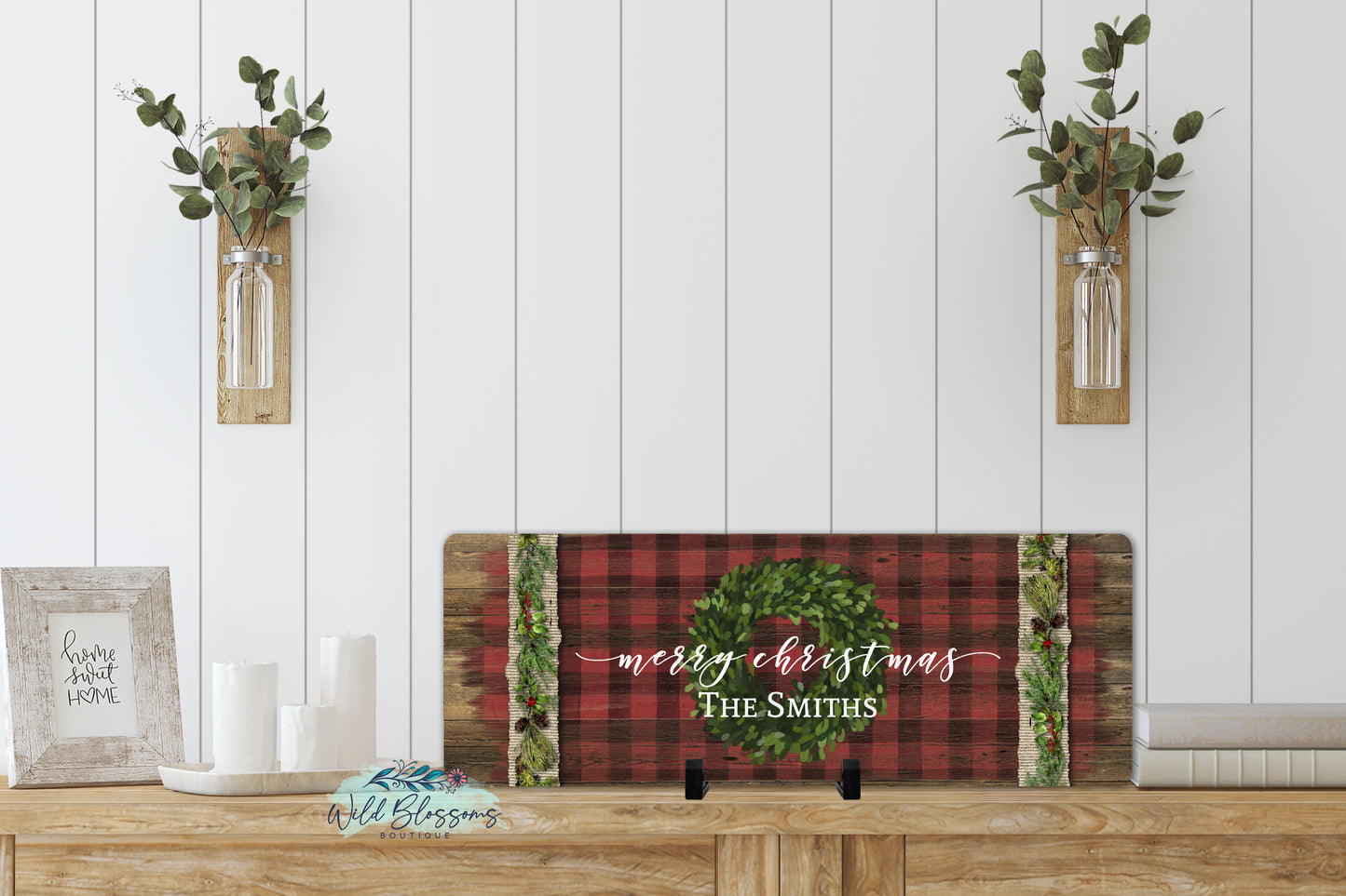 Red Wooden Buffalo Plaid Boxwood Wreath Door Hanger | Sign