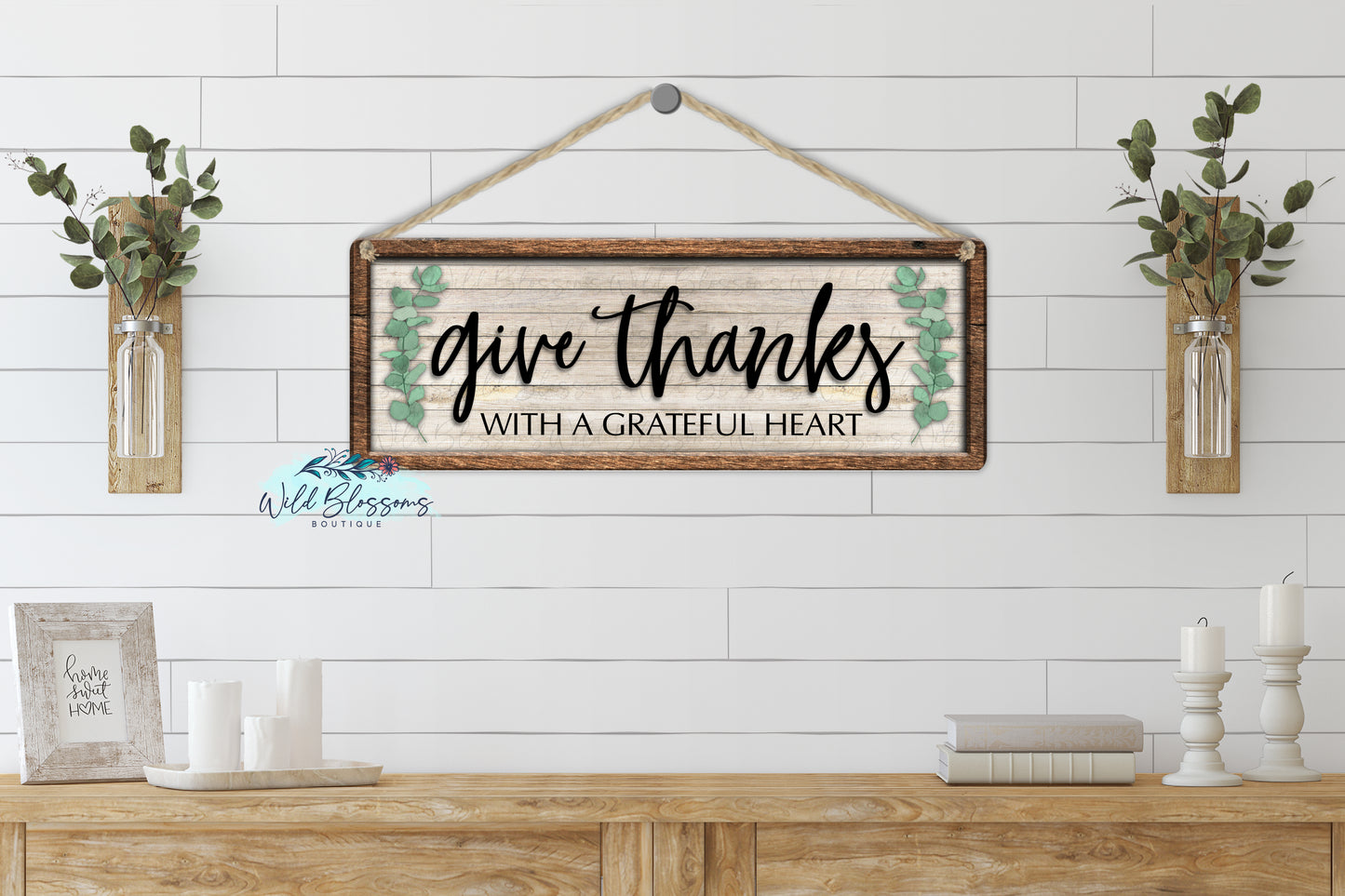 Rustic Wooden Give Thanks With A Grateful Heart Door Hanger | Sign