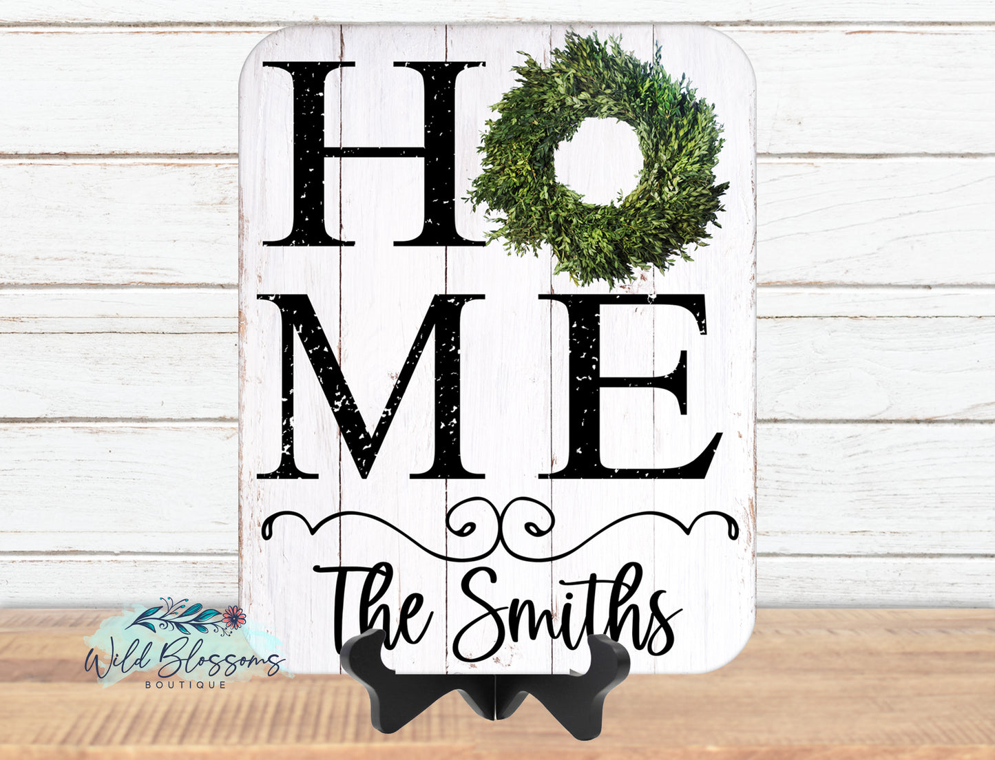 Wooden Home Boxwood Wreath Family Name Sign