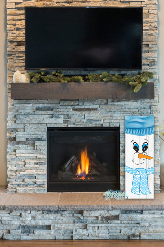 Rustic Wooden Snowman With Blue Christmas Scarf Sign