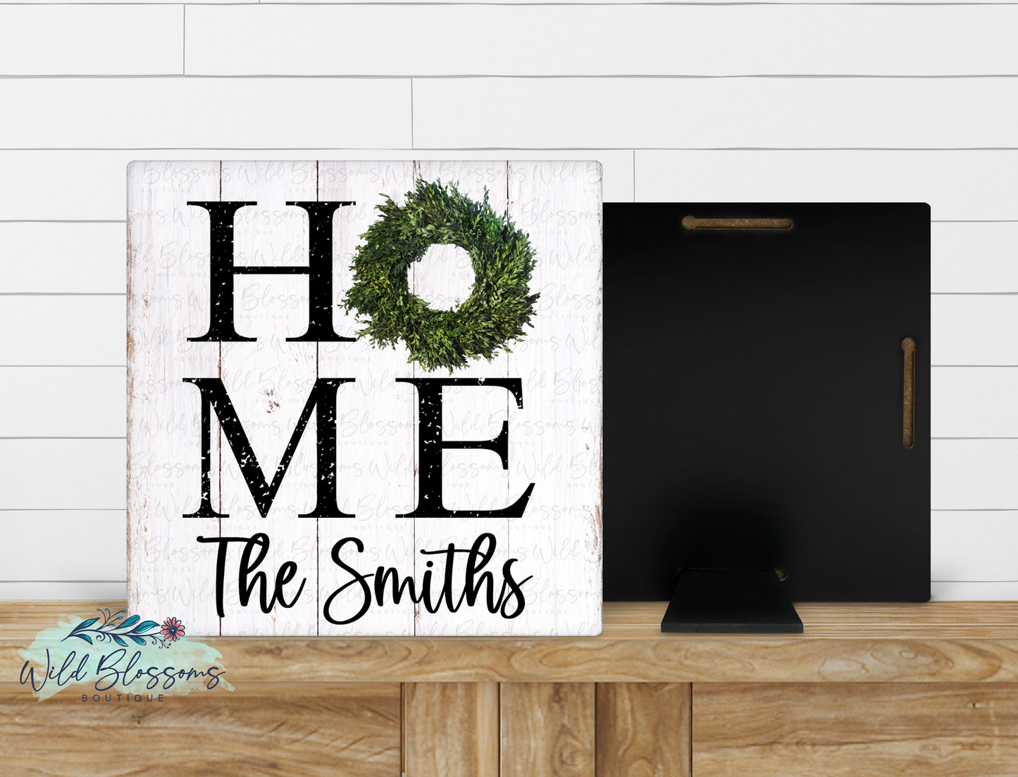 White Wooden Home Boxwood Wreath Family Name Sign