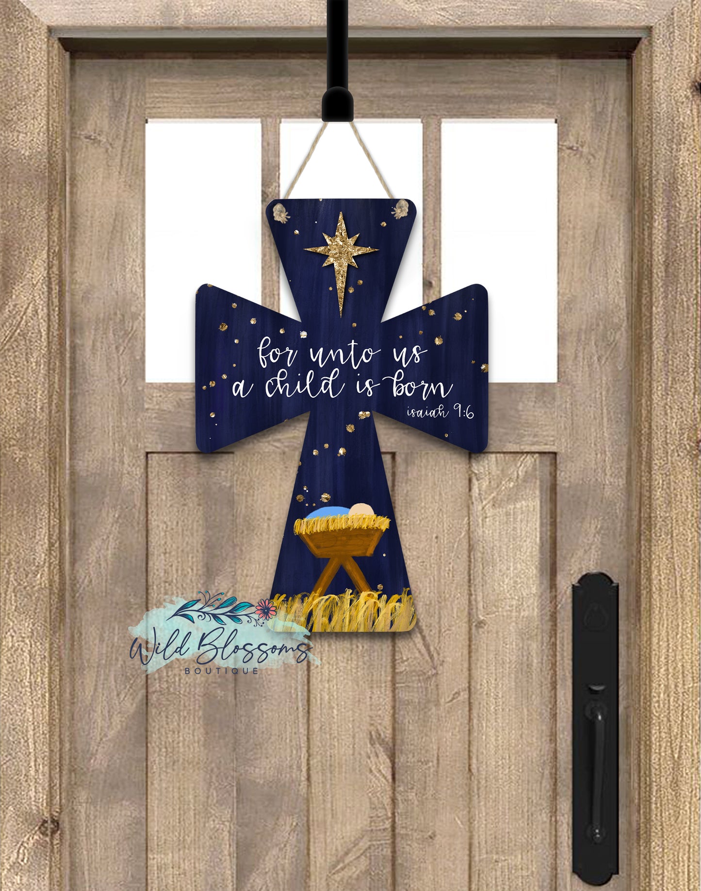 For Unto Us A Child Is Born Nativity Cross Door Hanger