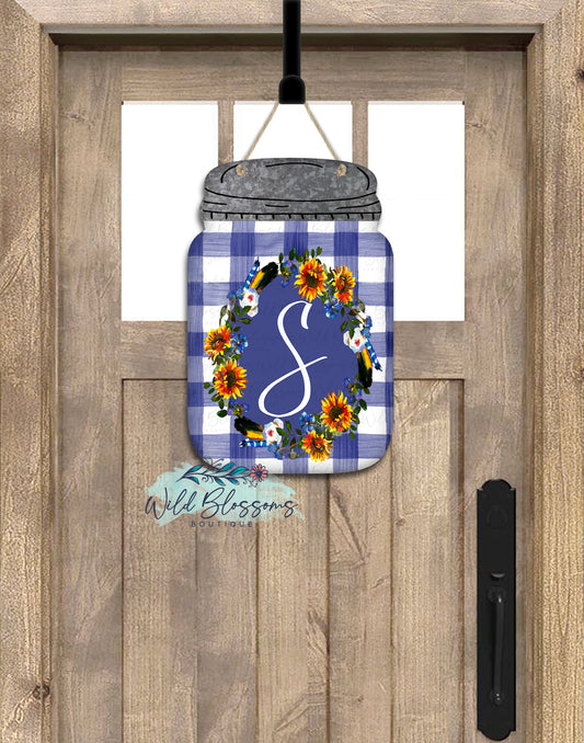 Blue Buffalo Plaid And Sunflower Mason Jar Door Hanger