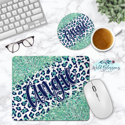 Navy And Mint Leopard Print Glitter Look Personalized Mouse Pad And Coaster Desk Set