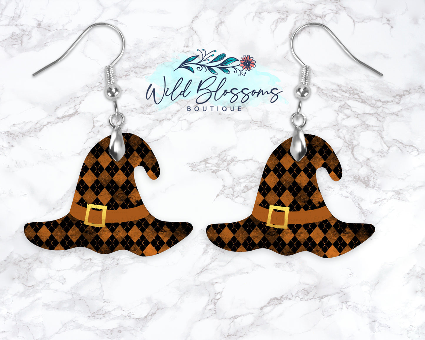 Orange And Black Plaid Witch Hat Drop Earrings