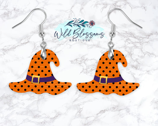 Orange And Black Polka Dot Witch Hat Drop Earrings