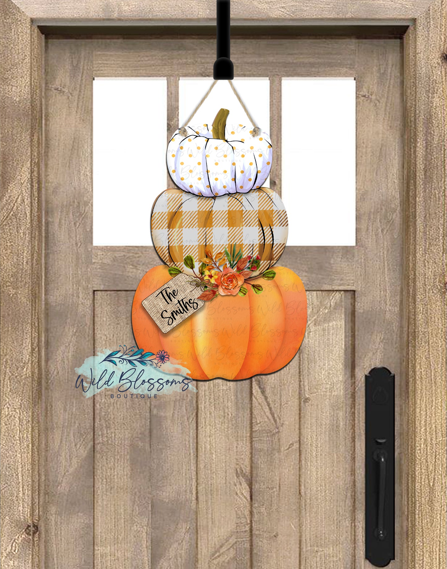 Orange Buffalo Plaid And Polka Dot Stacked Pumpkin Door Hanger