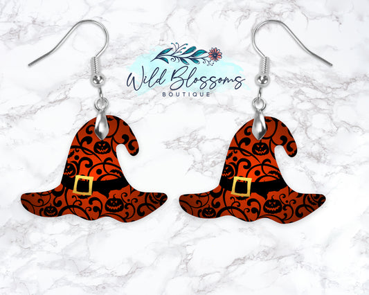 Orange Filigree Scary Pumpkin Witch Hat Drop Earrings