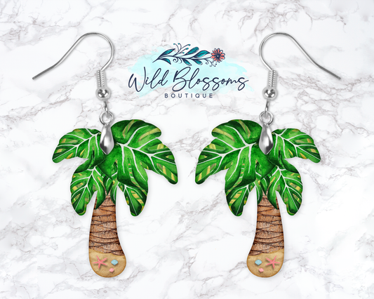 Sand And Seashell Palm Tree Drop Earrings
