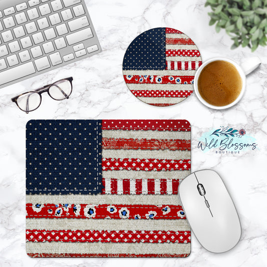 Patchwork American Flag Mouse Pad And Coaster Desk Set