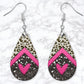 Black Leopard Print Pink Heart Leather Look Drop Earrings