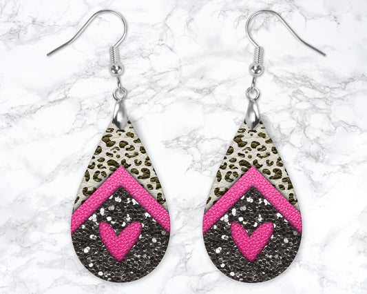 Black Leopard Print Pink Heart Leather Look Drop Earrings