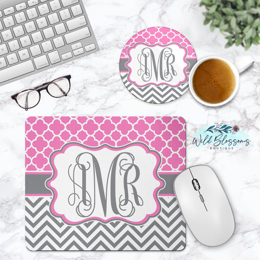 Pink And Grey Monogram Mouse Pad And Coaster Desk Set