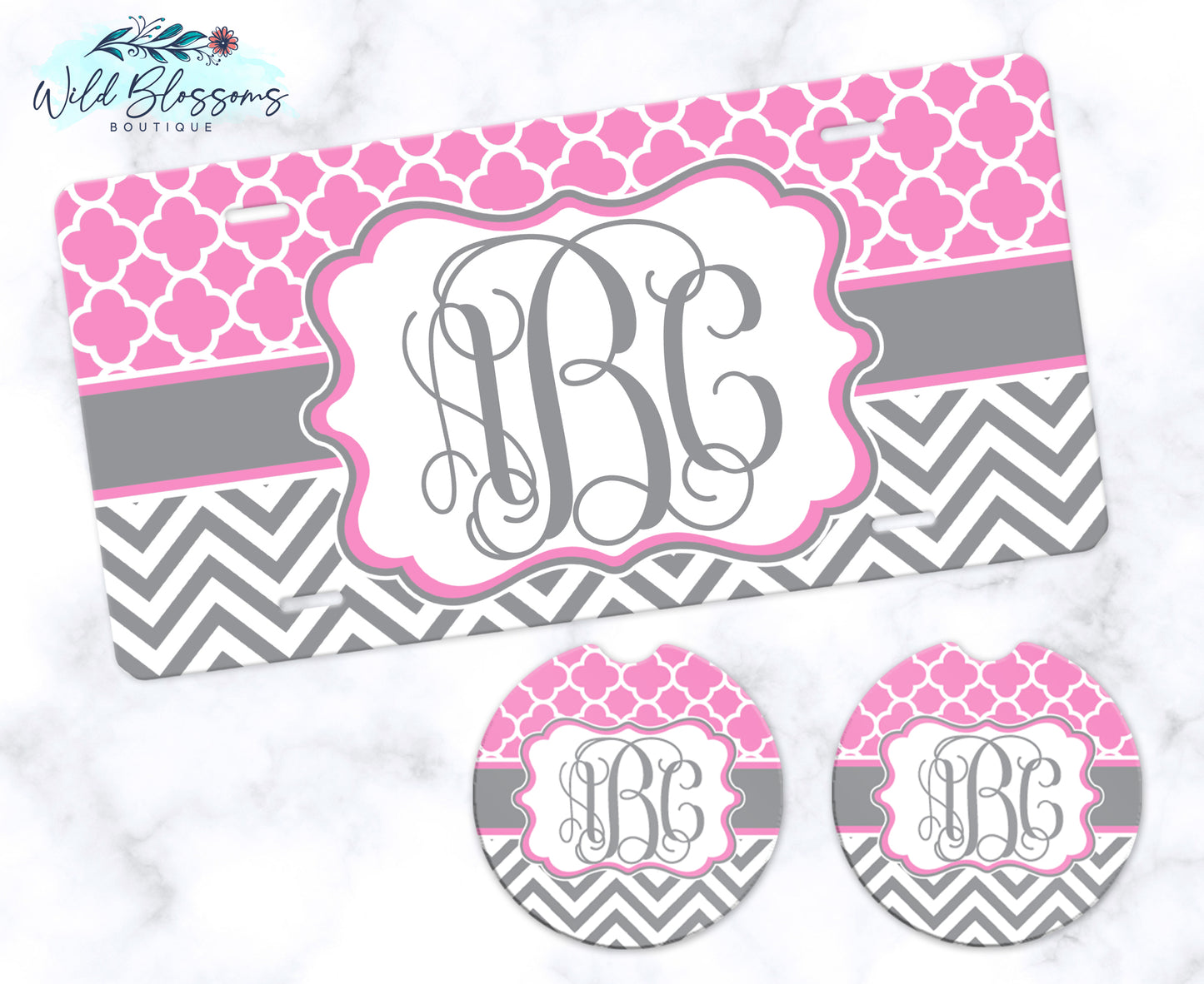 Pink And Grey Monogram Car Coasters