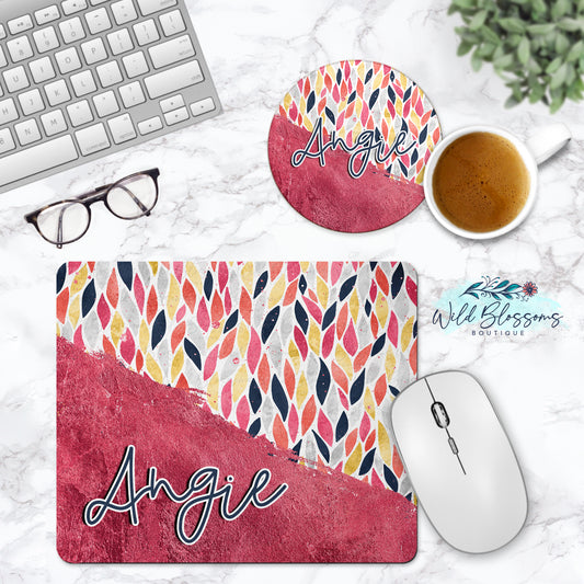 Pink And Navy Abstract Personalized Mouse Pad And Coaster Desk Set