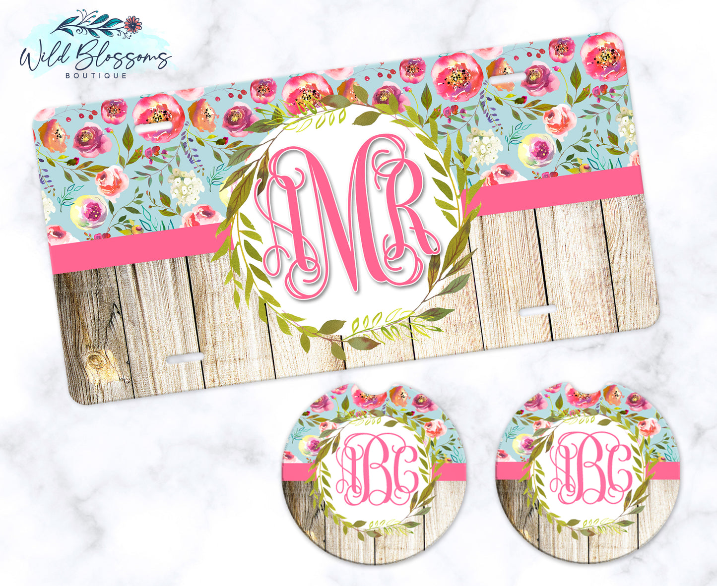 Pink And Wooden Floral Wreath Car Coasters
