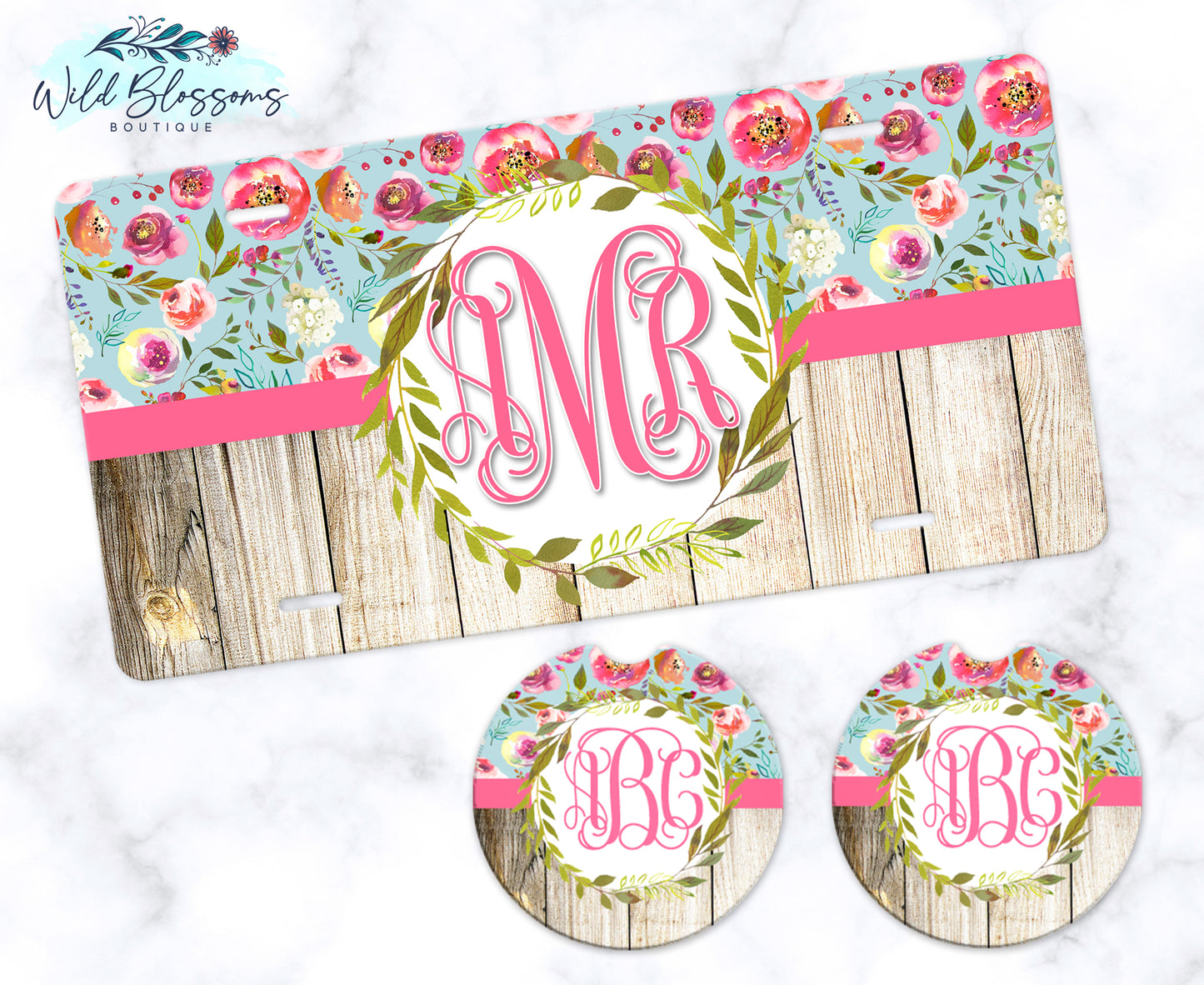 Pink And Wooden Floral Wreath License Plate