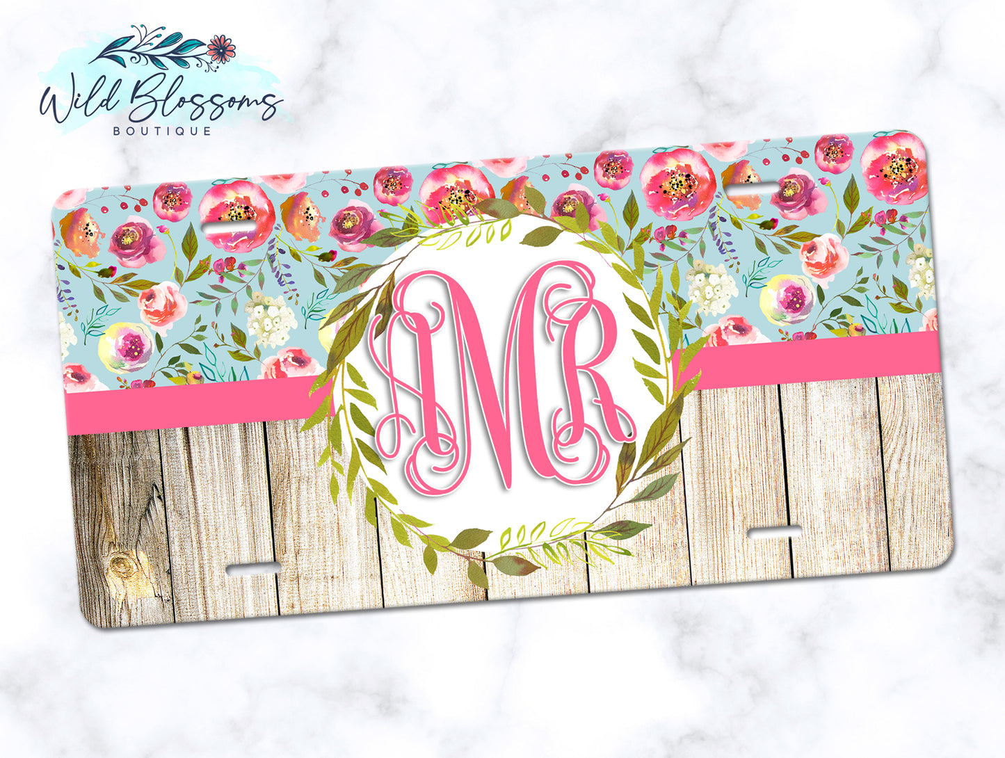 Pink And Wooden Floral Wreath License Plate