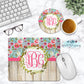 Pink And Wooden Floral Wreath Monogram Mouse Pad And Coaster Desk Set