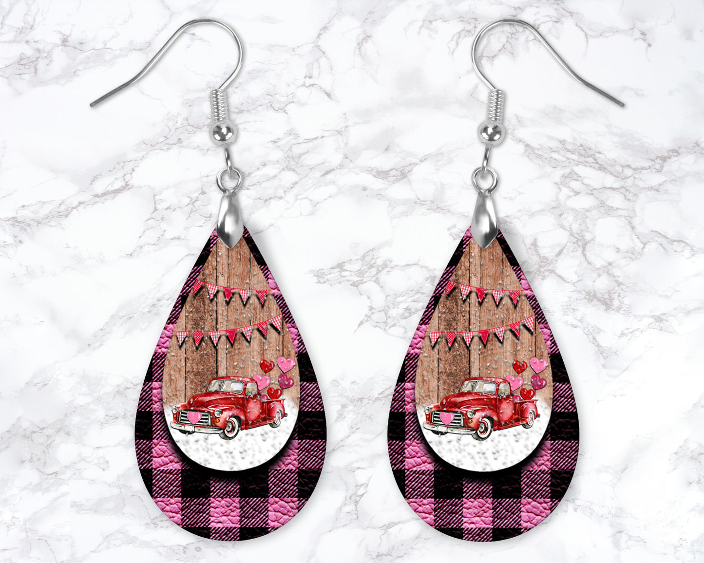 Pink Buffalo Plaid Vintage Red Truck Drop Earrings