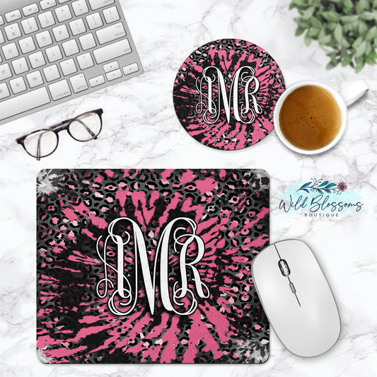 Pink Leopard Print Tie Dye Personalized Mouse Pad And Coaster Desk Set