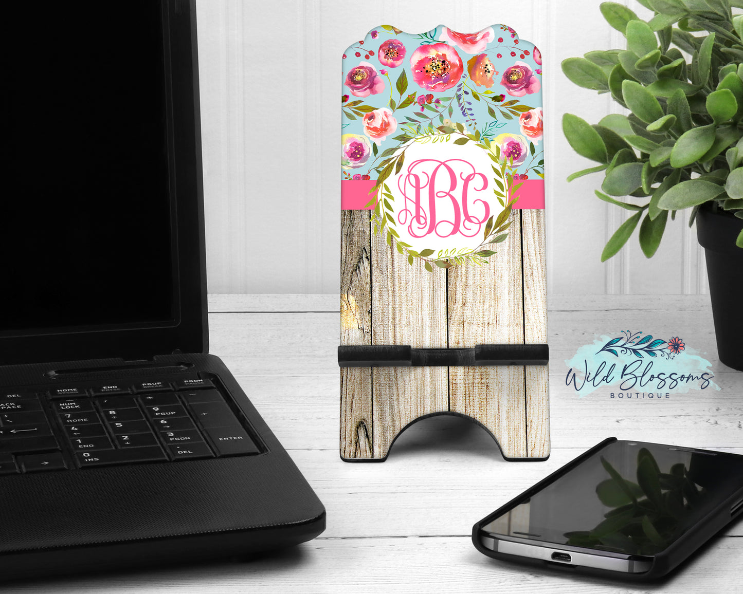 Pink And Wooden Floral Wreath Monogram Mouse Pad And Coaster Desk Set