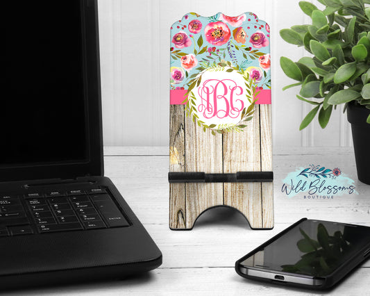 Pink And Wooden Floral Wreath Phone Stand