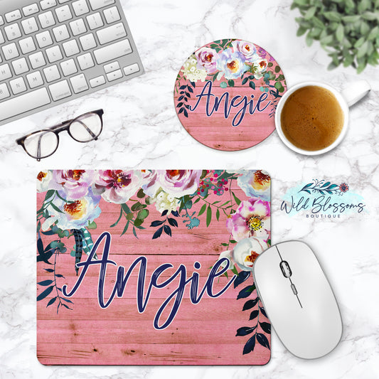 Pink Wooden Peony Personalized Mouse Pad And Coaster Desk Set