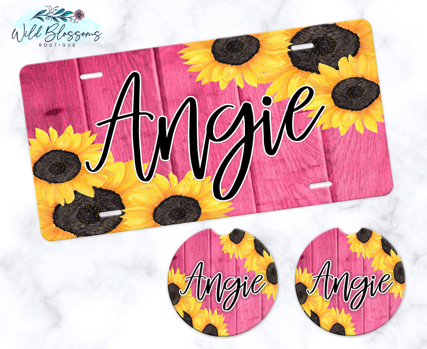 Pink Wooden Sunflower License Plate