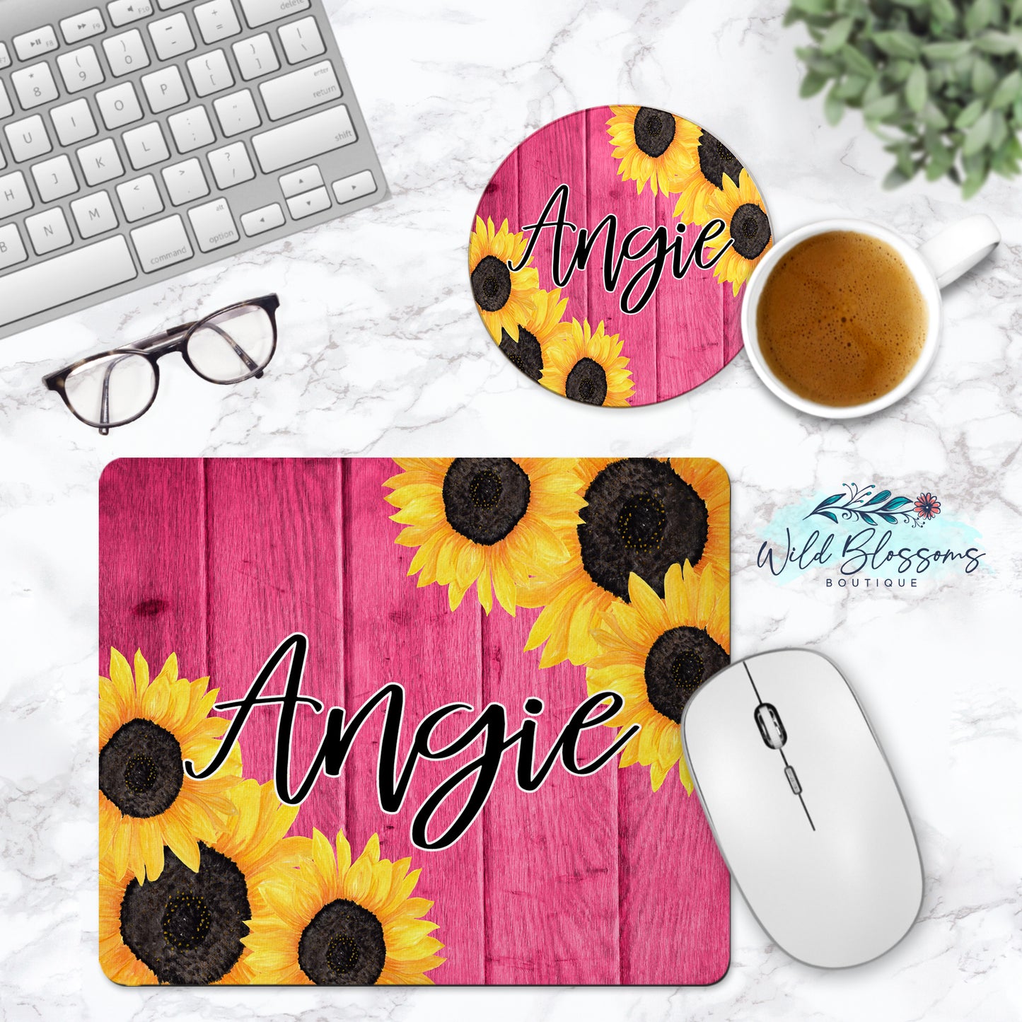 Pink Wooden Sunflower Personalized Mouse Pad And Coaster Desk Set
