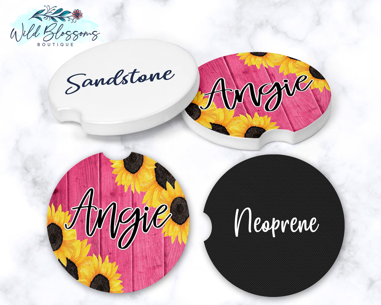 Pink Wooden Sunflower Car Coasters