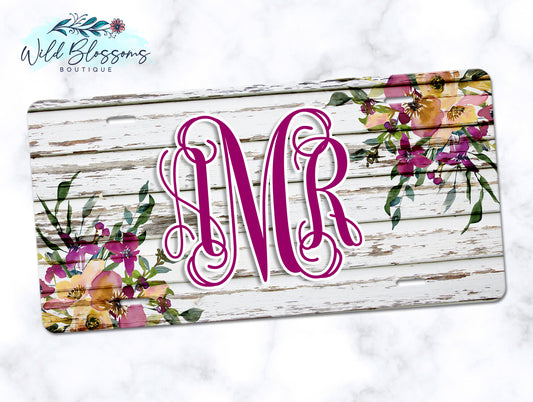 White Wooden Plum Floral License Plate