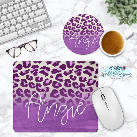 Purple Leopard Print Personalized Mouse Pad And Coaster Desk Set
