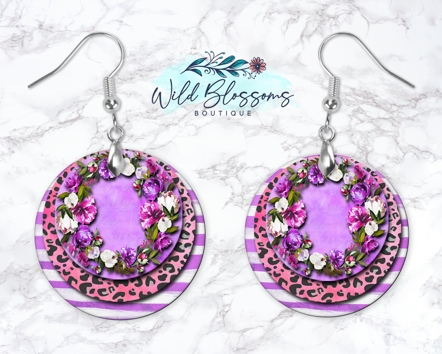 Purple Floral And Pink Leopard Striped Round Drop Earrings