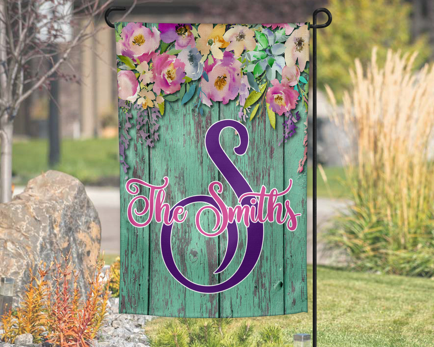 Green Wooden Floral Garden Flag