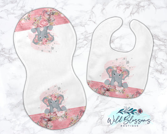 Pink Elephant Baby Bib And Burp Cloth Set