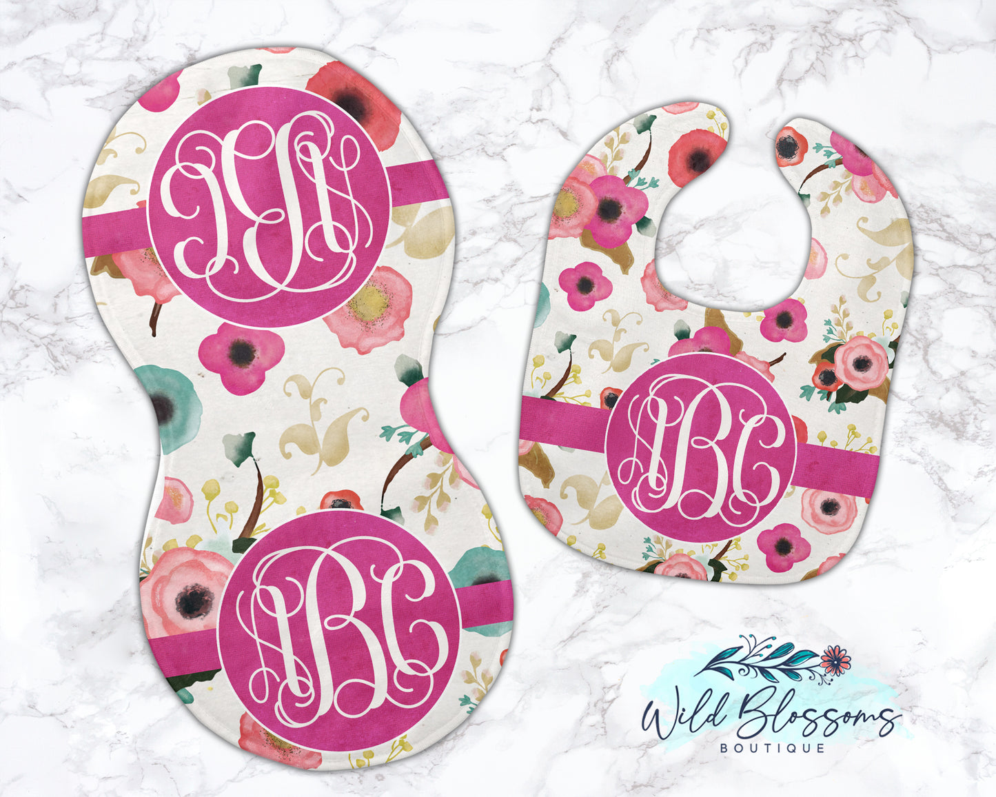 Pink Floral Baby Bib And Burp Cloth Set