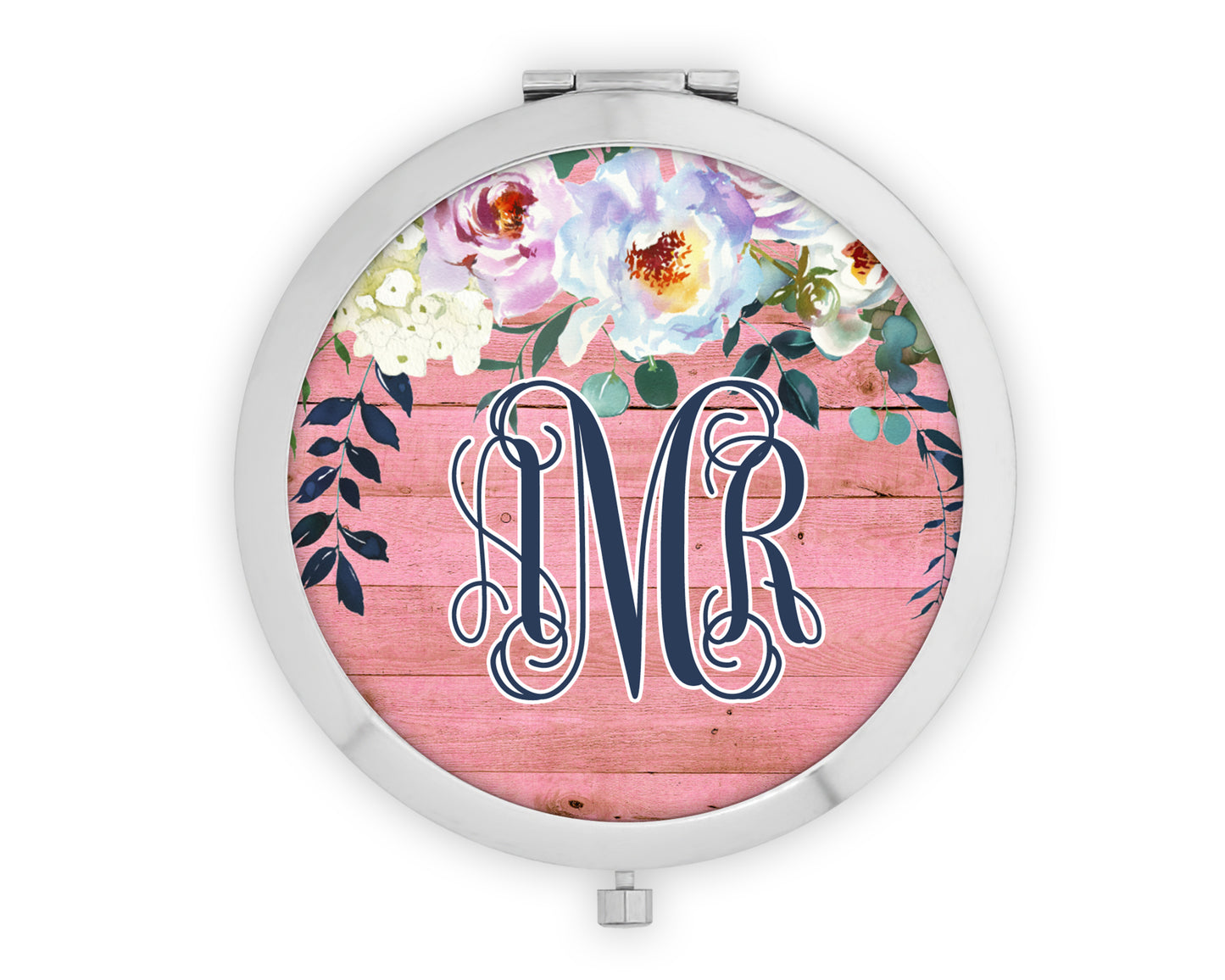 Pink and Wooden Floral Monogram Mirror Compact