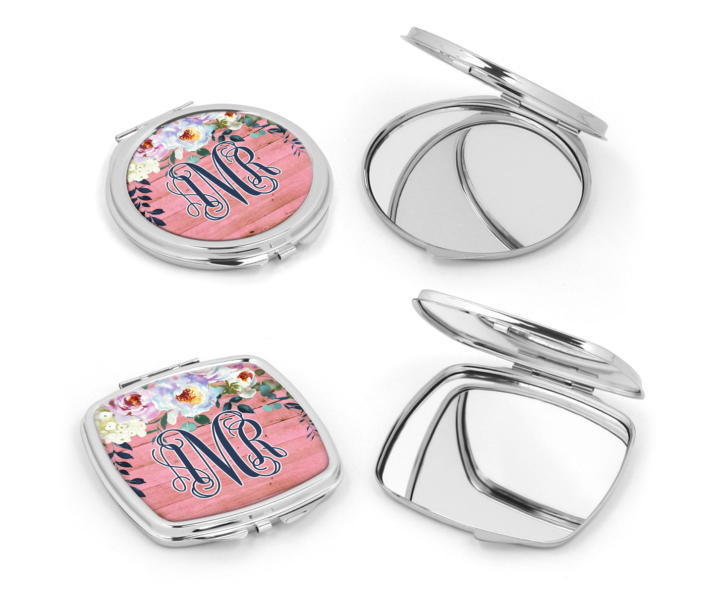 Pink Wooden Peony Floral Monogram Mirror Compact