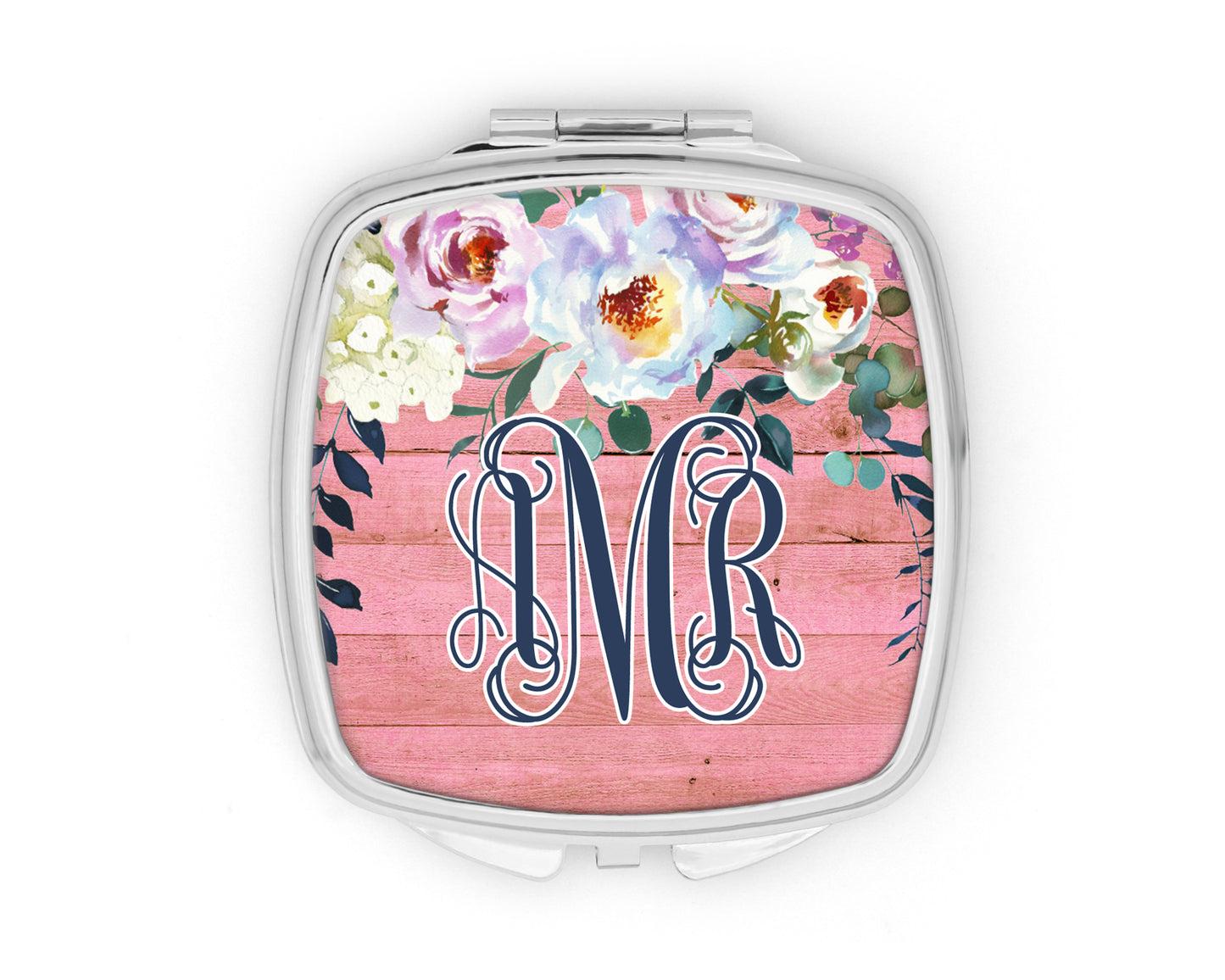 Pink Wooden Peony Floral Monogram Mirror Compact