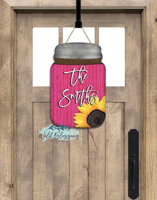 Pink Wooden Sunflower Mason Jar Door Hanger