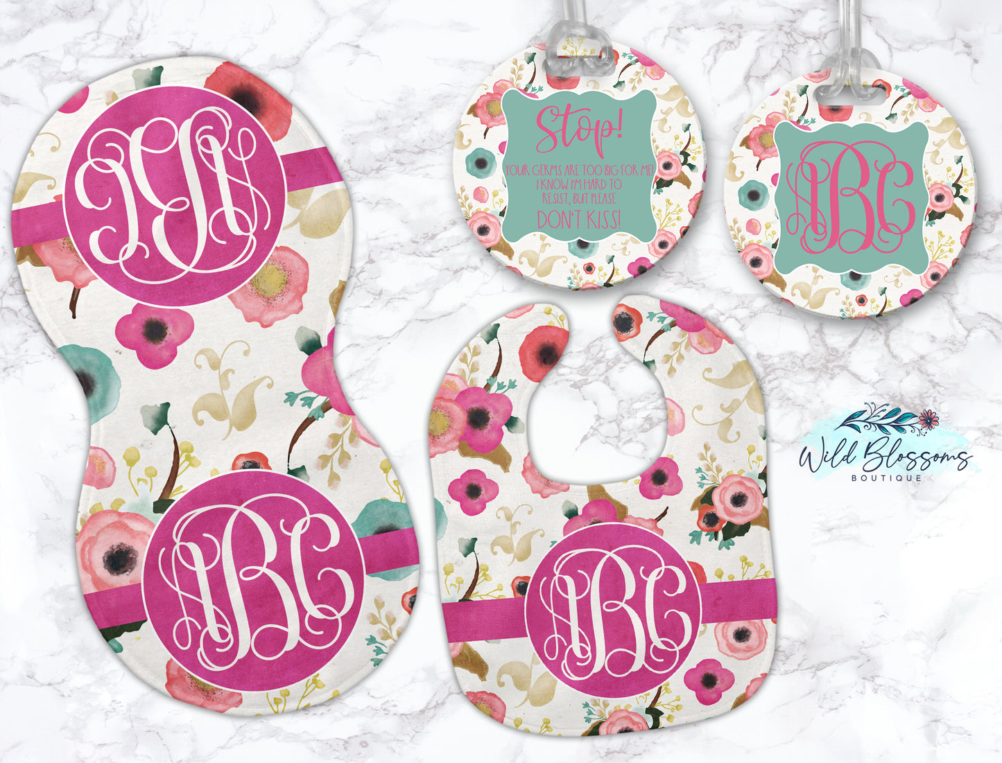Pink Floral Stop Do Not Kiss Bag Tag