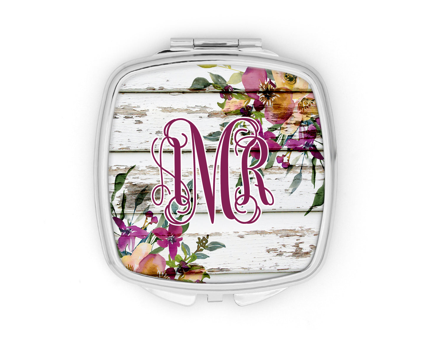 Plum Floral Wooden Monogram Mirror Compact